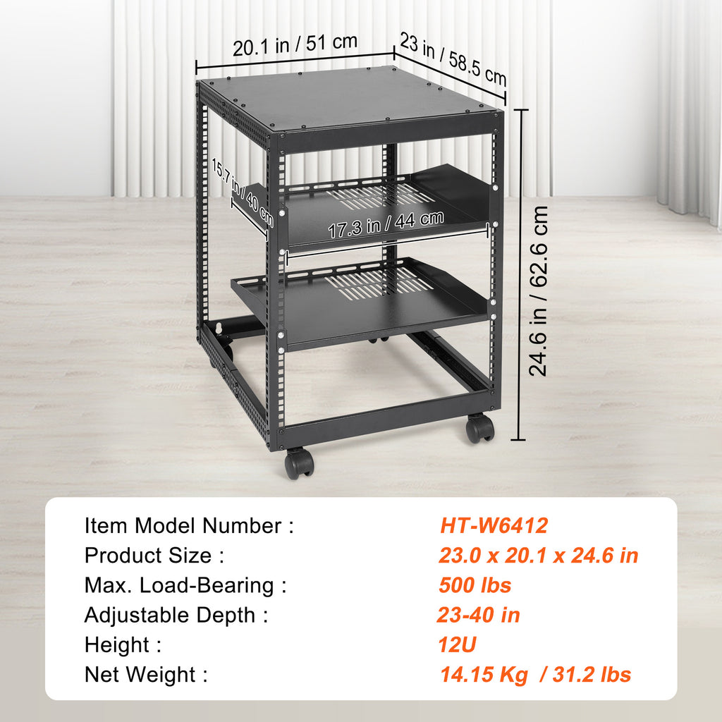 VEVOR 12U Open Frame Server Rack, Adjustable Depth, Free Standing or Wall Mount Network Server Rack, 4 Post AV Rack with Casters, Holds All Your Networking IT Equipment AV Gear Router Modem