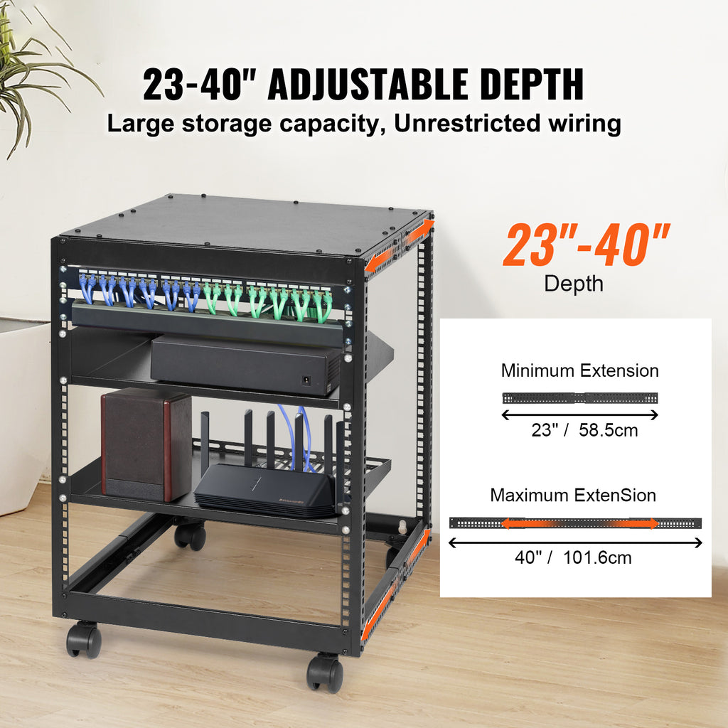 VEVOR 12U Open Frame Server Rack, Adjustable Depth, Free Standing or Wall Mount Network Server Rack, 4 Post AV Rack with Casters, Holds All Your Networking IT Equipment AV Gear Router Modem