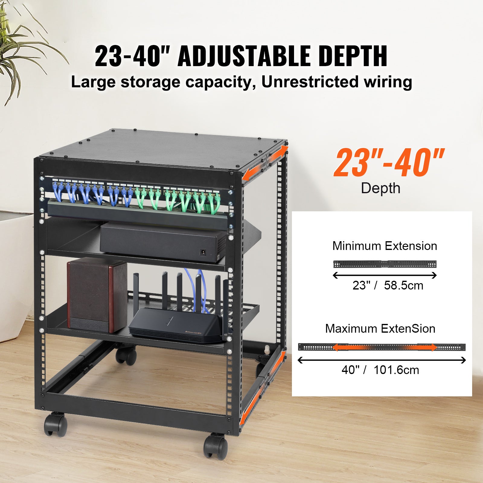 VEVOR 12U Open Frame Server Rack, Adjustable Depth, Free Standing or Wall Mount Network Server Rack, 4 Post AV Rack with Casters, Holds All Your Networking IT Equipment AV Gear Router Modem