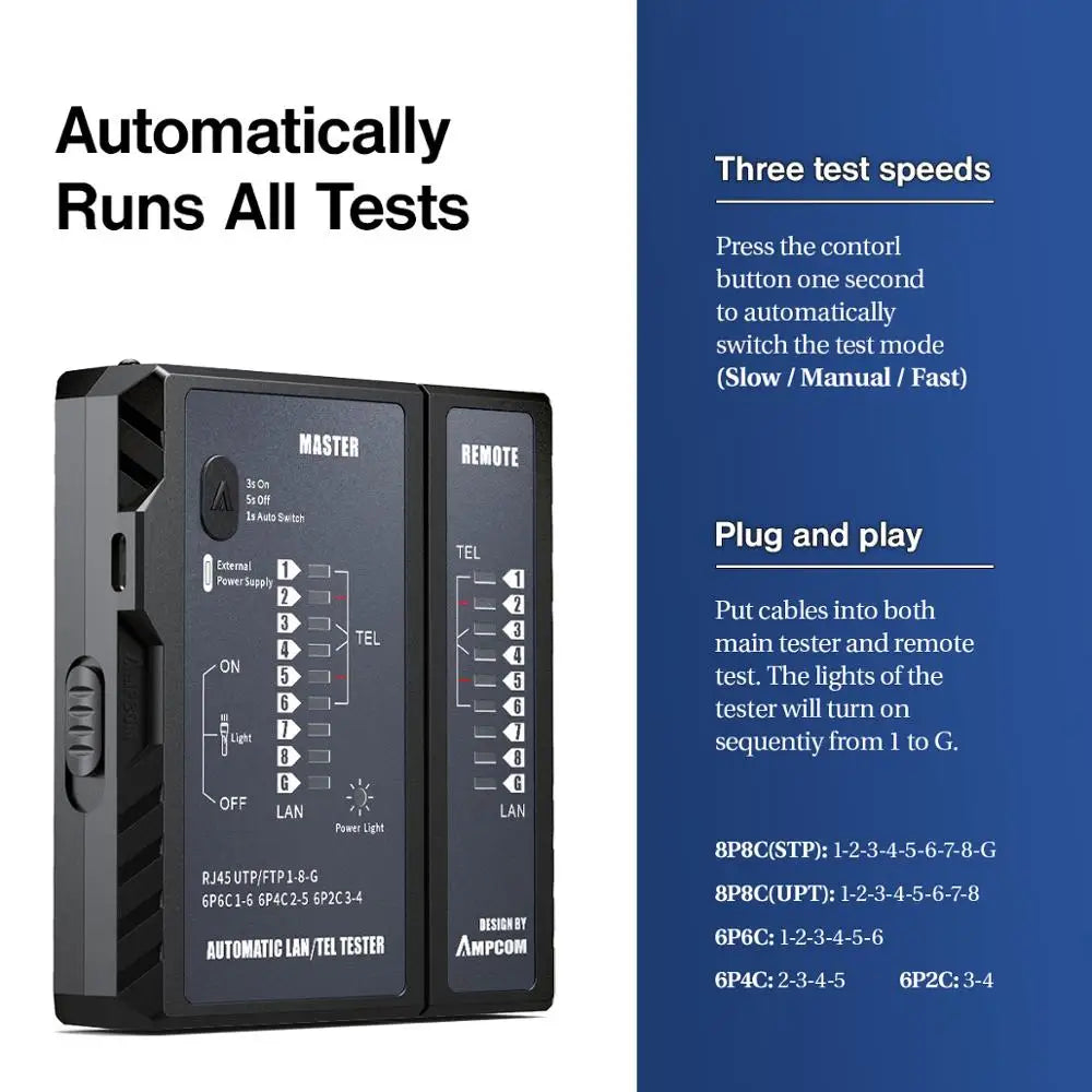 Network Cable Tester, LAN Phone Wire Tester Tool Networking Tool Ethernet Repair for RJ45/RJ11/RJ12/CAT5/CAT6/CAT7/CAT8