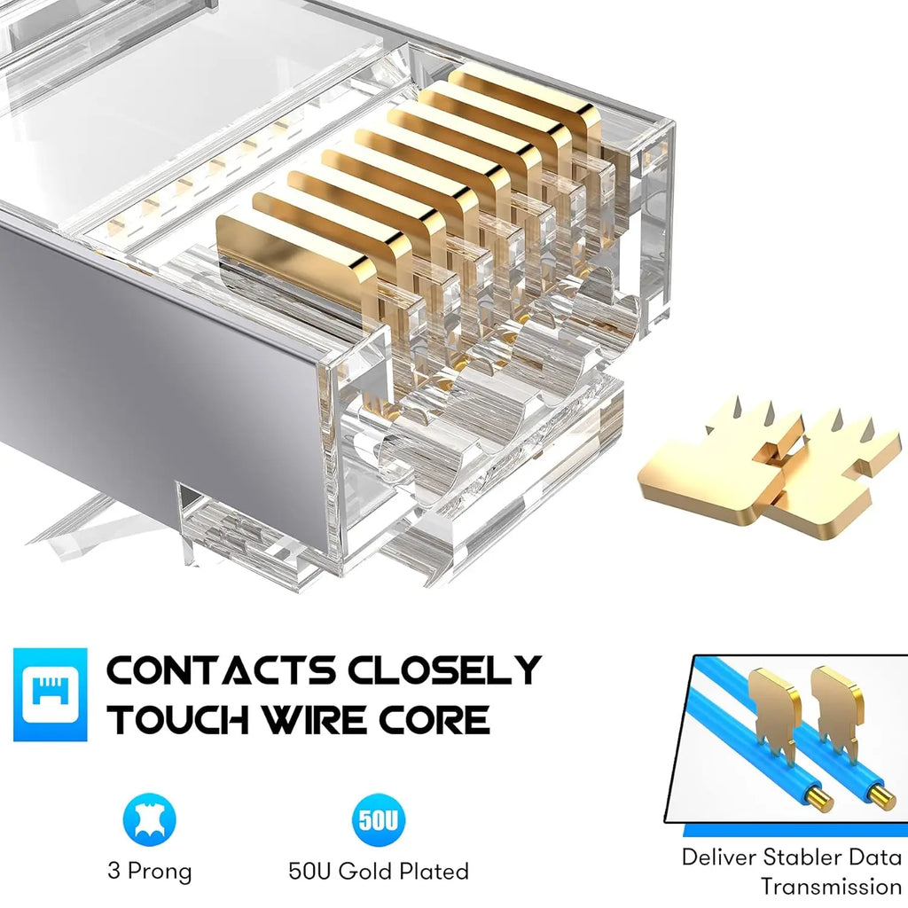 Interlink Network Accessories – Shielded Cat6A/Cat7 Pass-Through RJ45 Connectors (50-Pack, Gold-Plated)