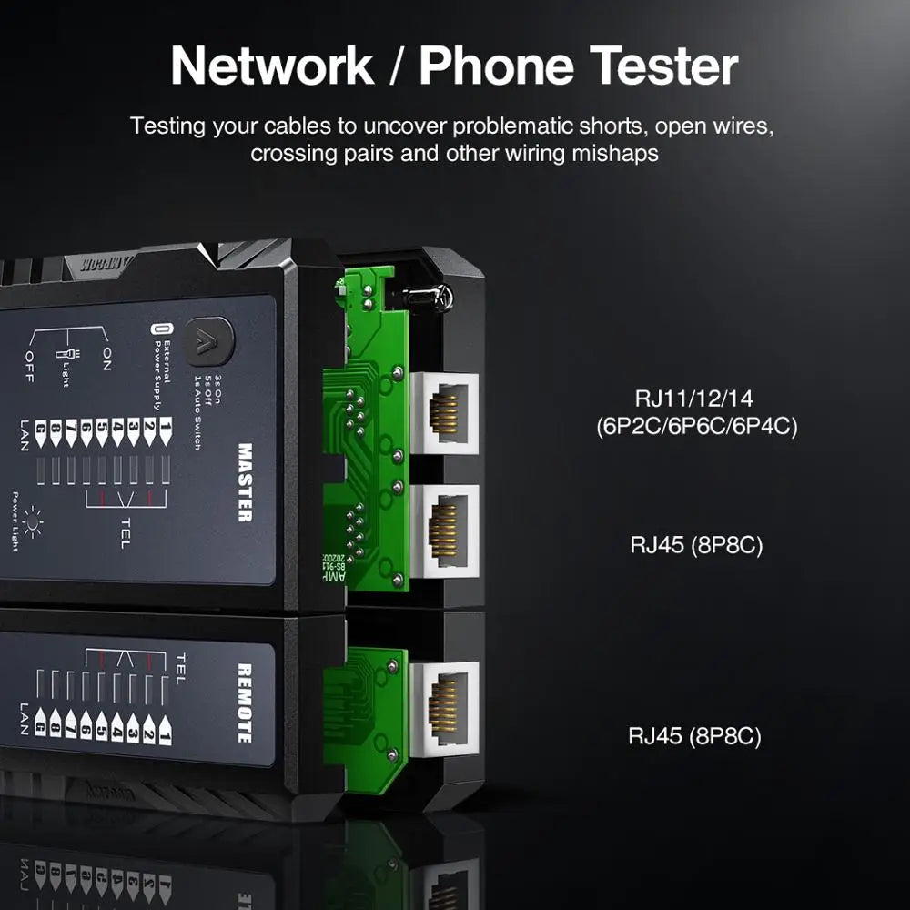 Network Cable Tester, LAN Phone Wire Tester Tool Networking Tool Ethernet Repair for RJ45/RJ11/RJ12/CAT5/CAT6/CAT7/CAT8