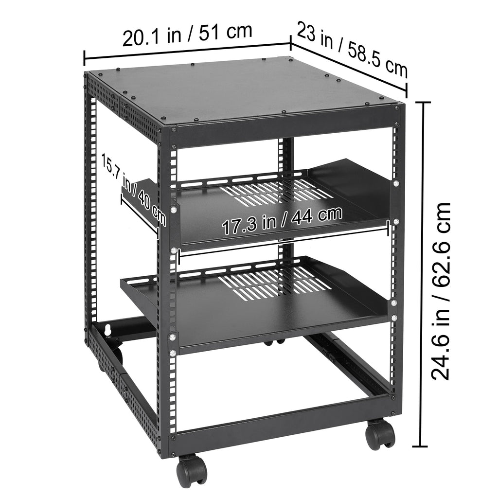 VEVOR 12U Open Frame Server Rack, Adjustable Depth, Free Standing or Wall Mount Network Server Rack, 4 Post AV Rack with Casters, Holds All Your Networking IT Equipment AV Gear Router Modem