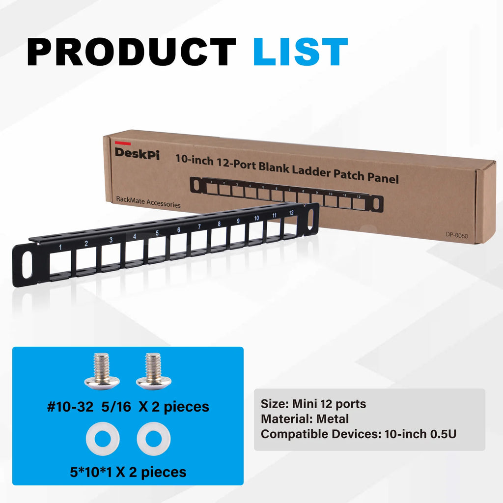 Deskpi Rackmate Accessories 10Inch 12 Port Blank Keystone Patch Panel, Cable Management Rack for T0/T1/T2 Server Cabinets