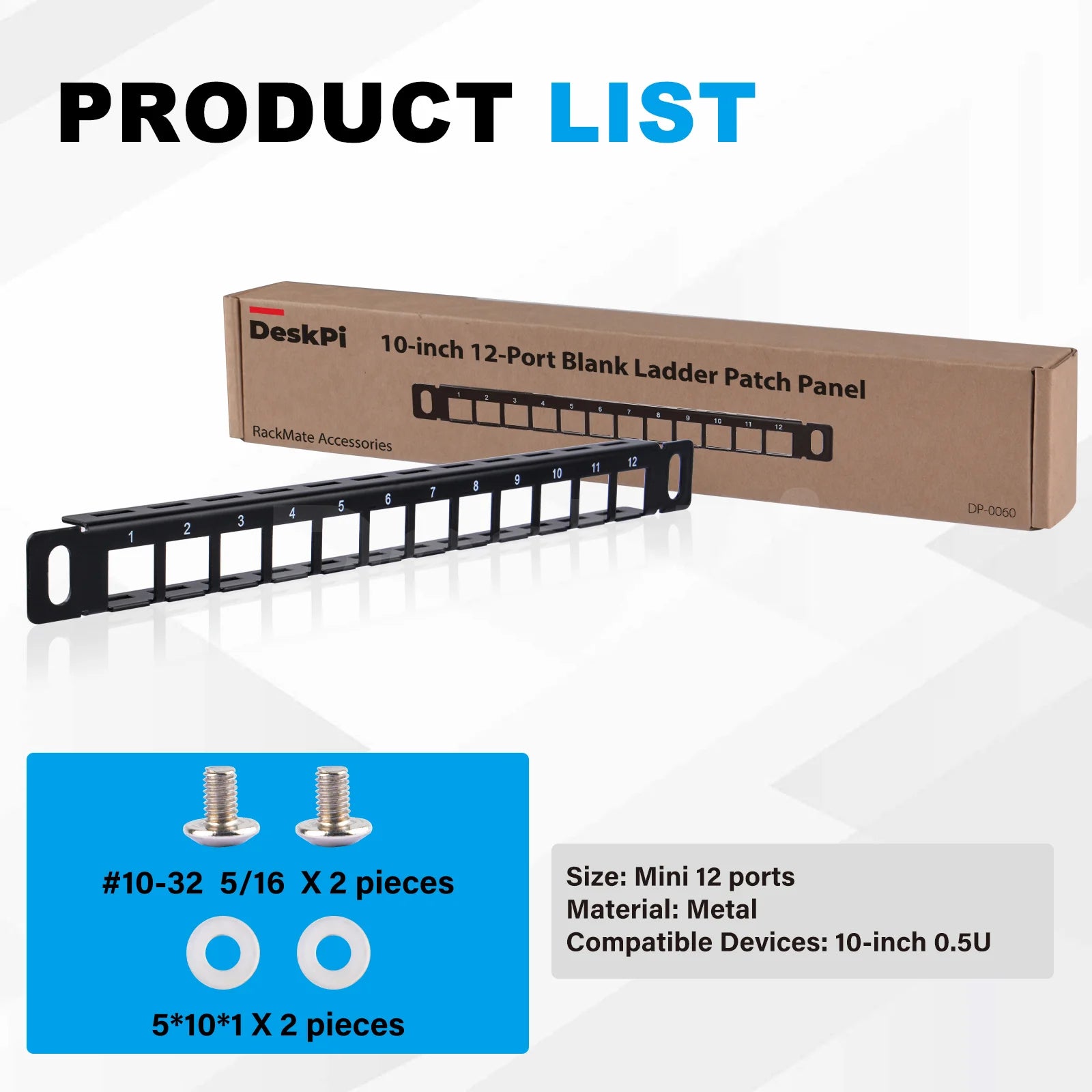 Deskpi Rackmate Accessories 10Inch 12 Port Blank Keystone Patch Panel, Cable Management Rack for T0/T1/T2 Server Cabinets