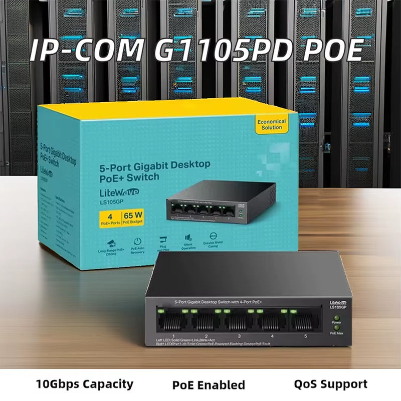 HORED NS605L 5-Port Full Gigabit Ethernet Network Switch Iron Shell 10/100/1000Mbps RJ45 POE 8K 10Gbps Backplane Bandwidth Vlan