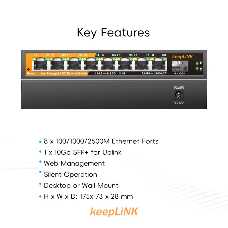 8-Port 2.5Gbe Managed Ethernet Switch with 1X 10Gb SFP+ Uplink LACP Support, Network Switch for High-Speed Connectivity