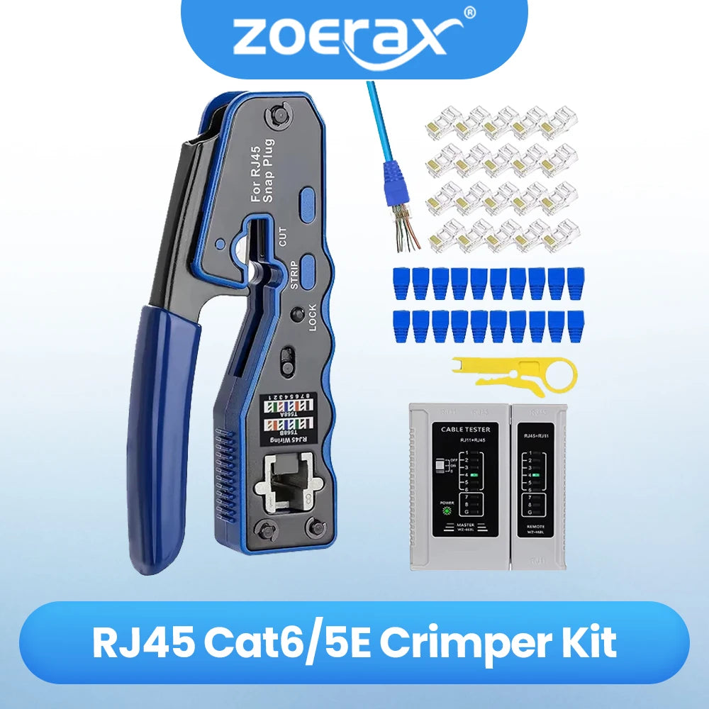 RJ45 Crimp Tool Kit Pass through Ethernet Crimper and Tester for Cat5E Cat6 Cat6A 8P8C Modular Connectors