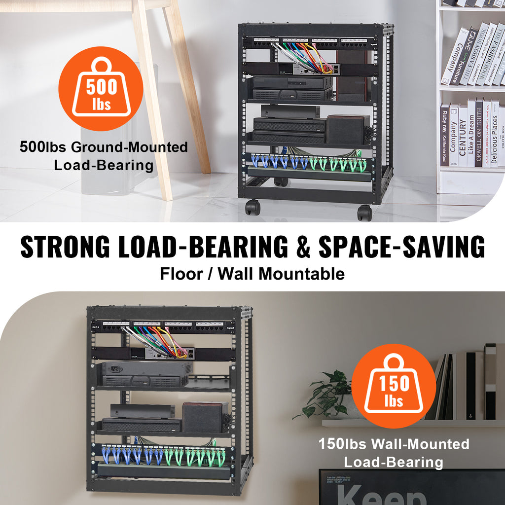VEVOR 12U Open Frame Server Rack, Adjustable Depth, Free Standing or Wall Mount Network Server Rack, 4 Post AV Rack with Casters, Holds All Your Networking IT Equipment AV Gear Router Modem