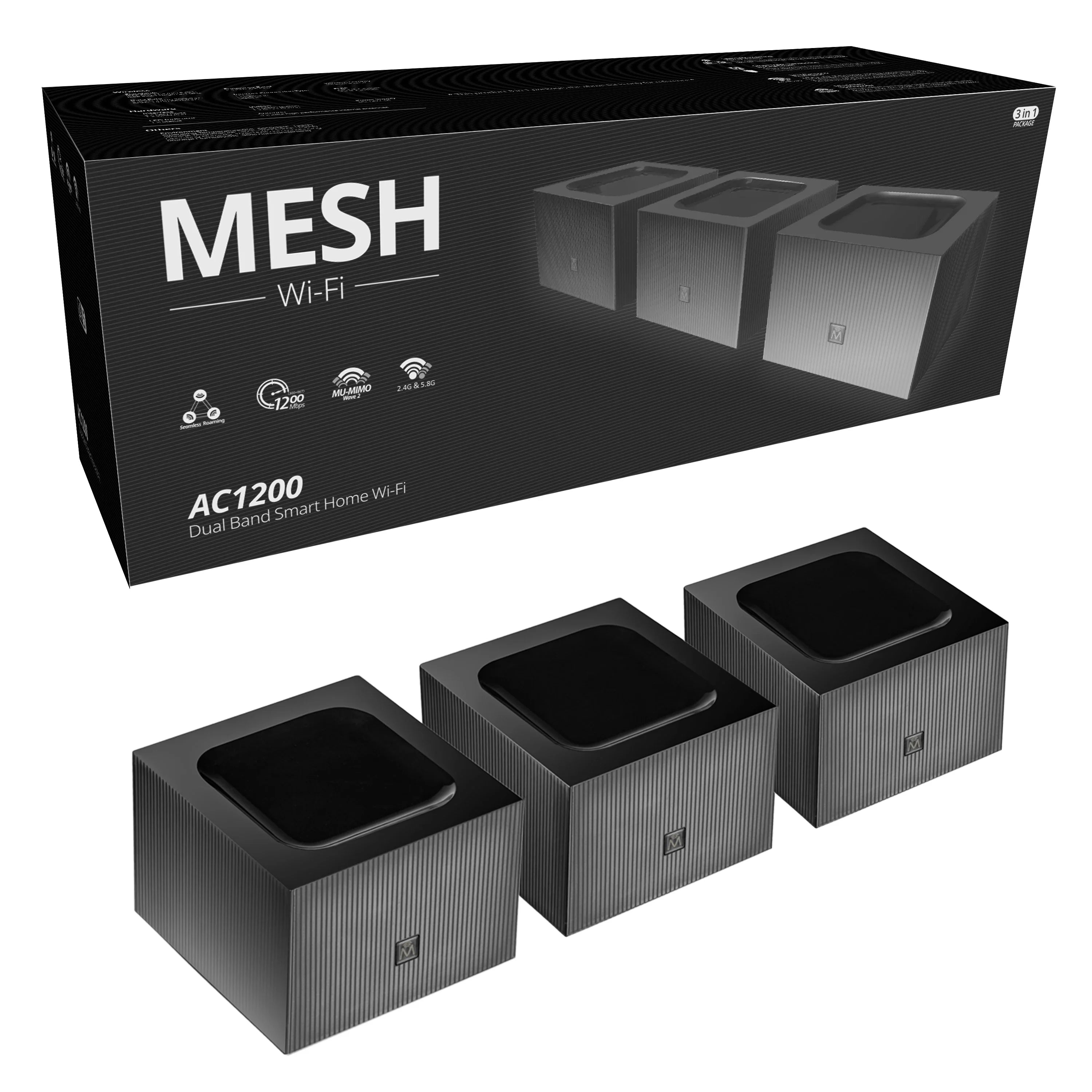 1200Mbps Mesh Router System with 2.4G 5.0Ghz Wifi Router Repeater Easy Set Up, APP Remote Manage
