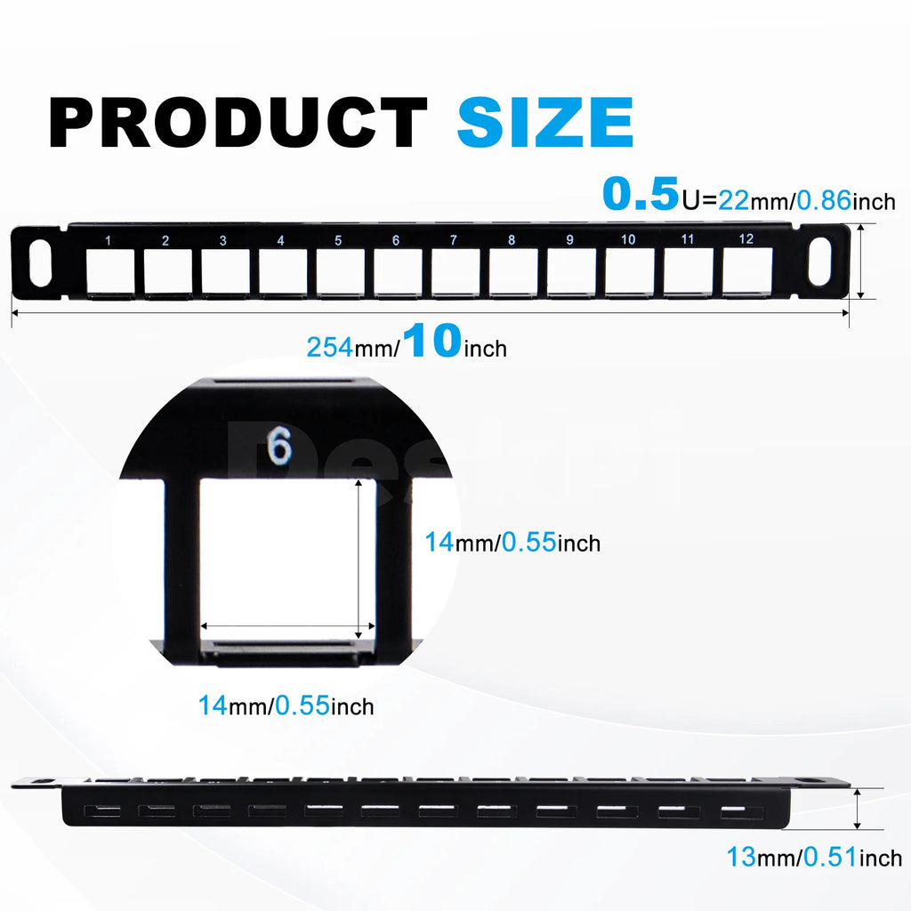 Deskpi Rackmate Accessories 10Inch 12 Port Blank Keystone Patch Panel, Cable Management Rack for T0/T1/T2 Server Cabinets
