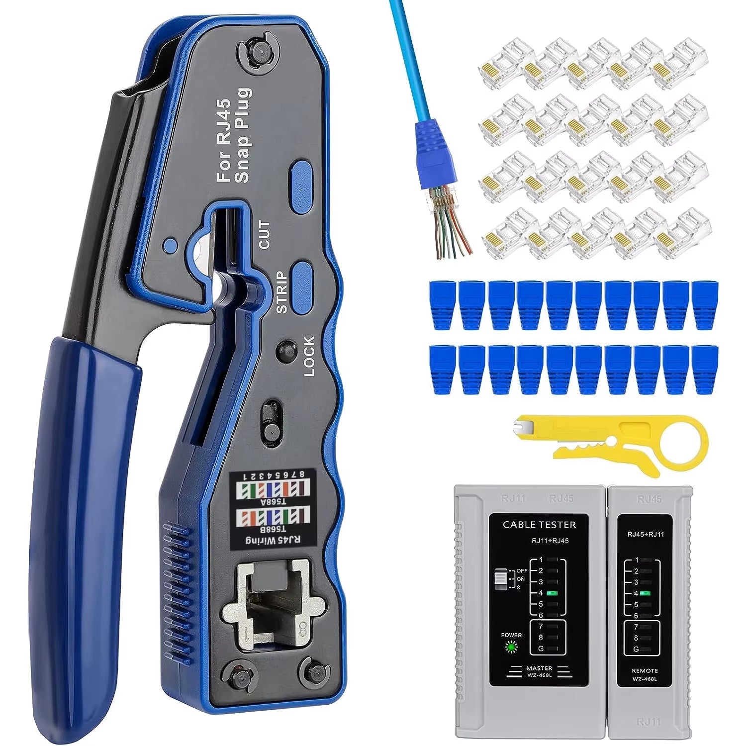 RJ45 Crimp Tool Kit Pass through Ethernet Crimper and Tester for Cat5E Cat6 Cat6A 8P8C Modular Connectors