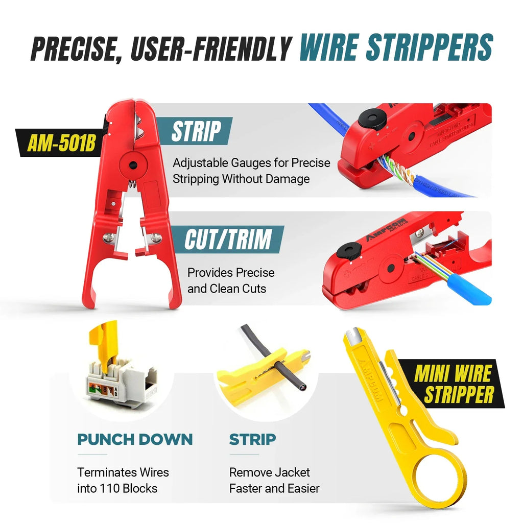 RJ45 Pass through Crimping Network Tool Kit for Cat5E Cat6 Cat7 with Network Crimper/Punch down Tool/Tel/Lan Cable Tester