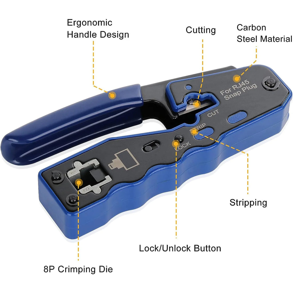 RJ45 Crimp Tool Kit Pass through Ethernet Crimper and Tester for Cat5E Cat6 Cat6A 8P8C Modular Connectors