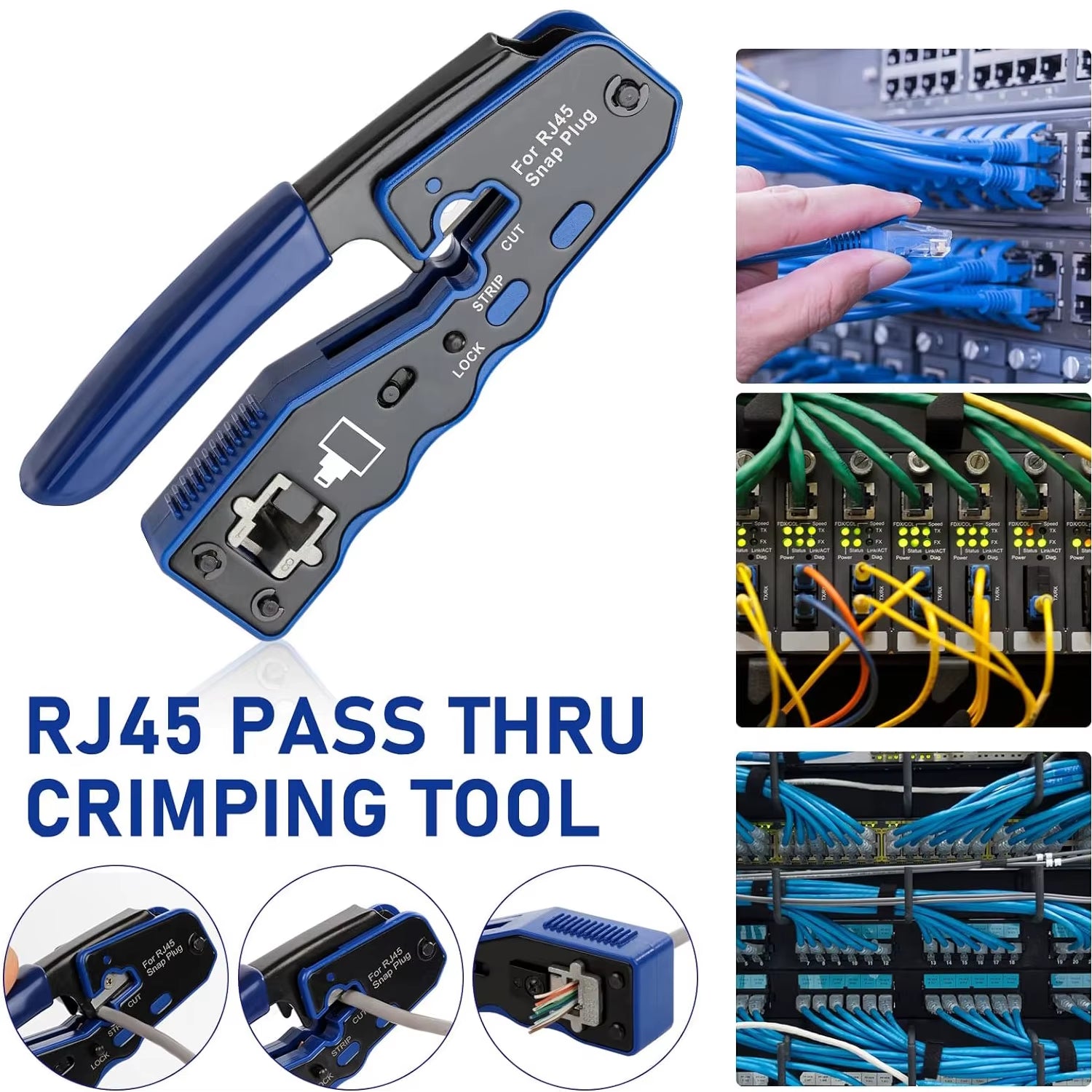 RJ45 Crimp Tool Kit Pass through Ethernet Crimper and Tester for Cat5E Cat6 Cat6A 8P8C Modular Connectors