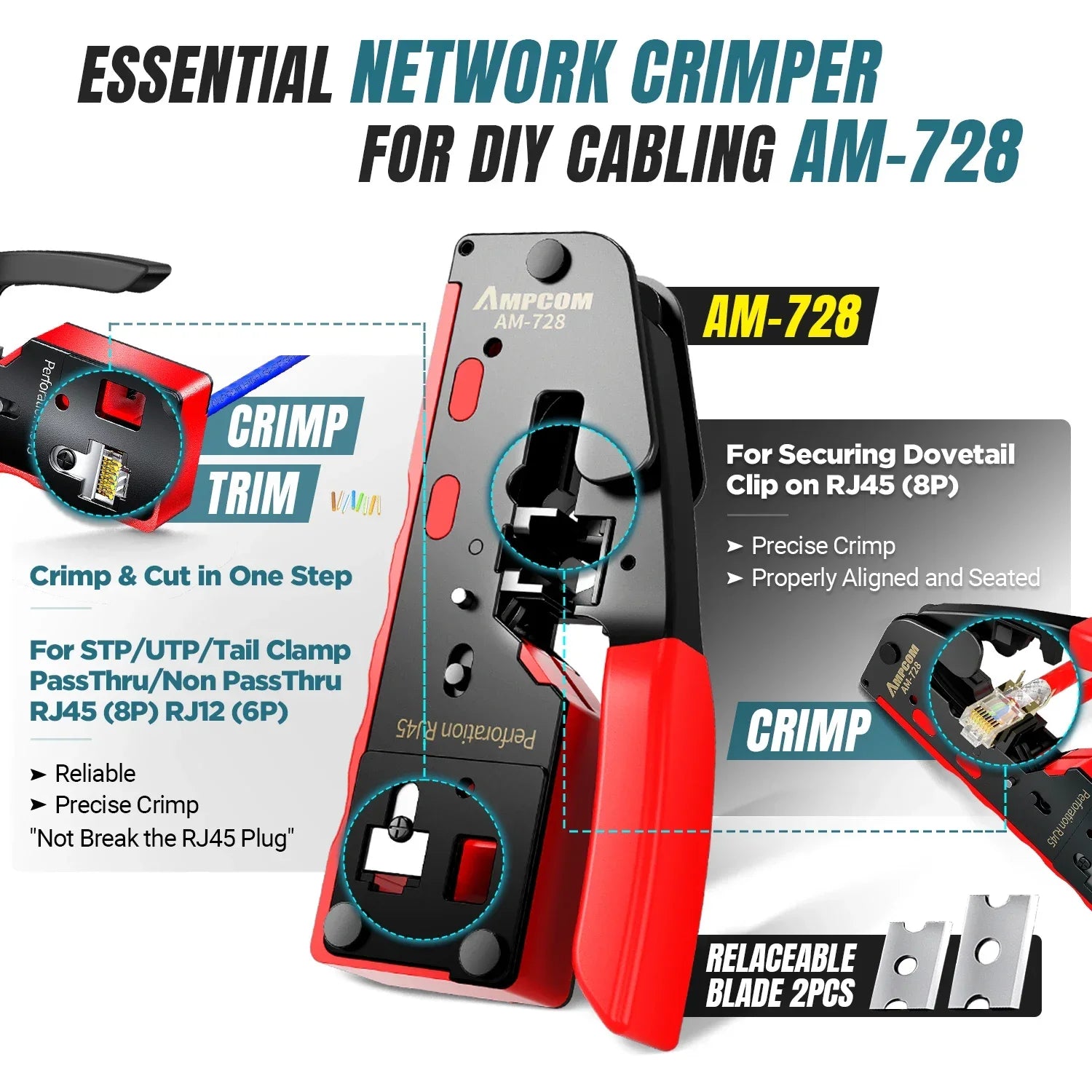 RJ45 Pass through Crimping Network Tool Kit for Cat5E Cat6 Cat7 with Network Crimper/Punch down Tool/Tel/Lan Cable Tester