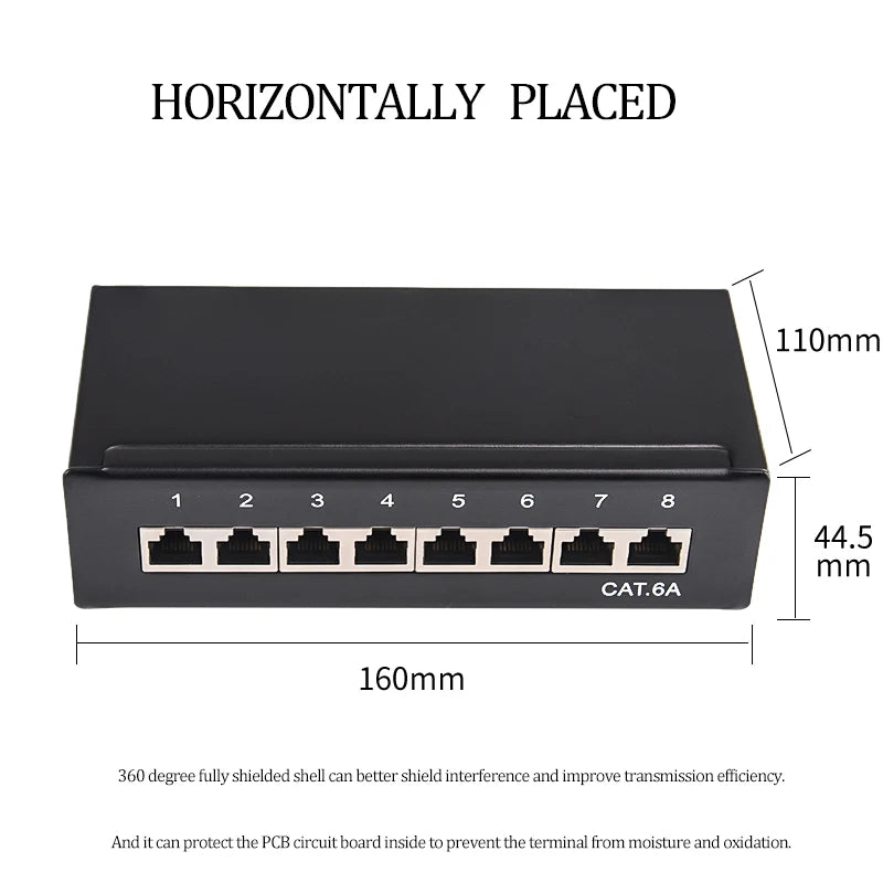 Mini Desktop CAT6A Cat6 8 12 Port Patch Panel Full Shielded Available for Wall Mounting (Incl. Hanging Screw Holes)