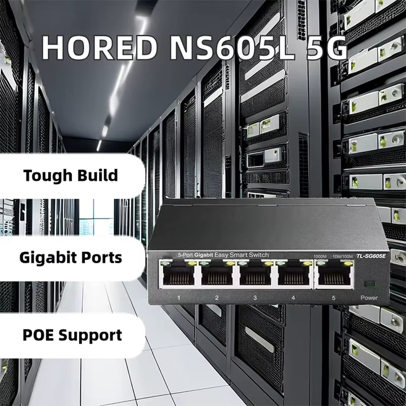 HORED NS605L 5-Port Full Gigabit Ethernet Network Switch Iron Shell 10/100/1000Mbps RJ45 POE 8K 10Gbps Backplane Bandwidth Vlan